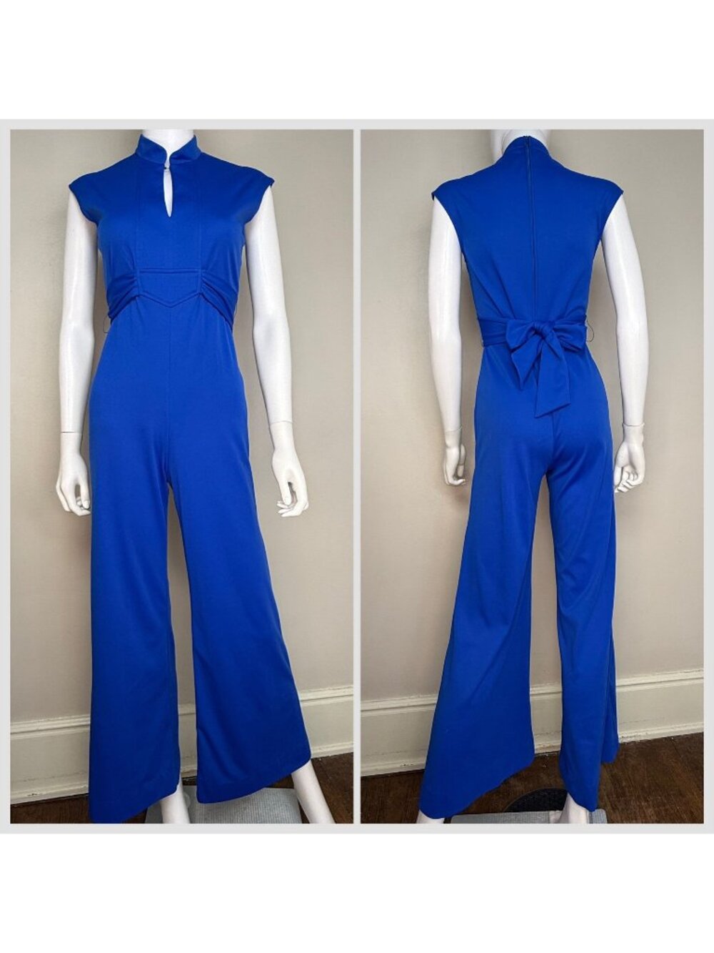 Vintage 1970s Royal Blue Sleeveless Bell-Bottom Knit Jumpsuit, Jerell of Texas S